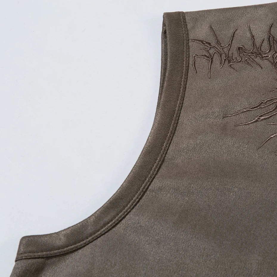 Vintage Suede Tank Top Y2K Embroidery Sleeveless Vest T-Shirt Streetwear 2026 Men Harajuku Hip Hop Loose Punk Gothic Tops Shirts