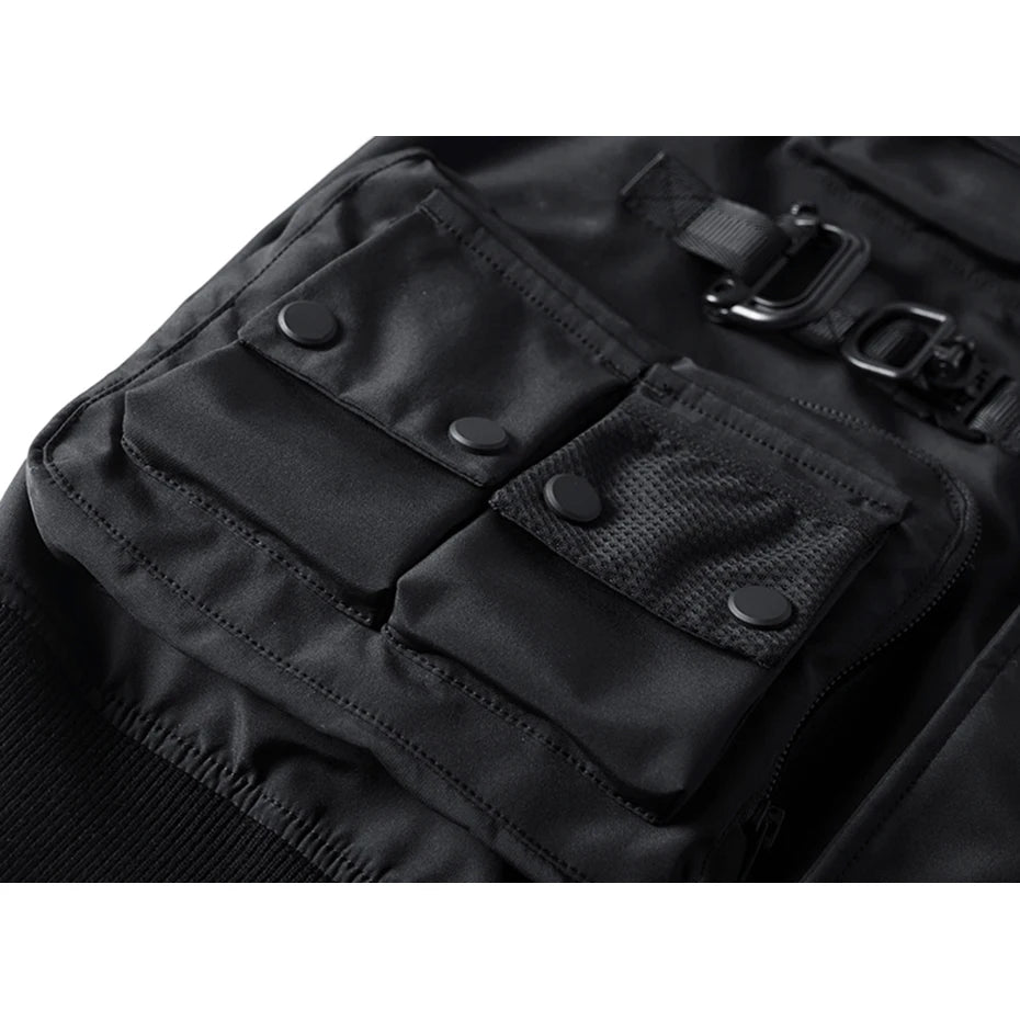 Punk Hip Hop Bomber Jacket Compass Sleeve Pockets Ammo Bags Button Ribbon MA1 Pilot Jackets Men Fashion Streetwear Harajuku Coat