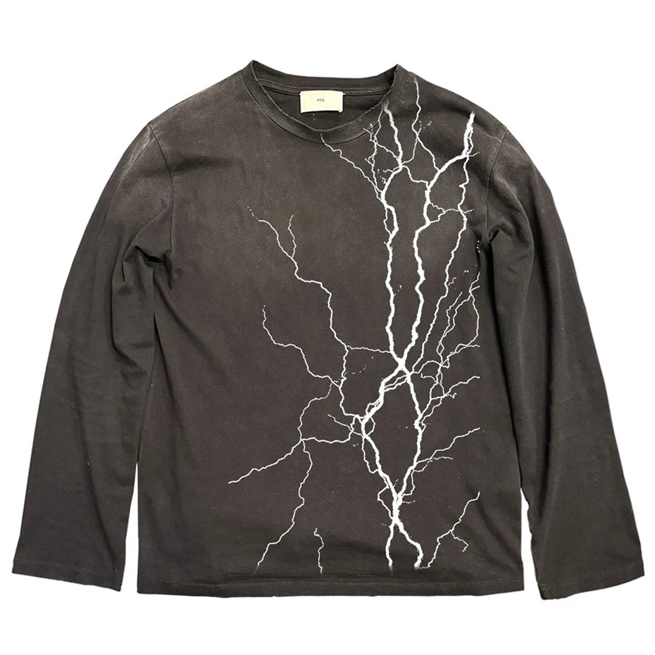 Vintage Oversized T-shirts Lightning Graphic Long Sleeve T Shirts Harajuku Loose Casual Tee Tops Unisex Retro Tshirts