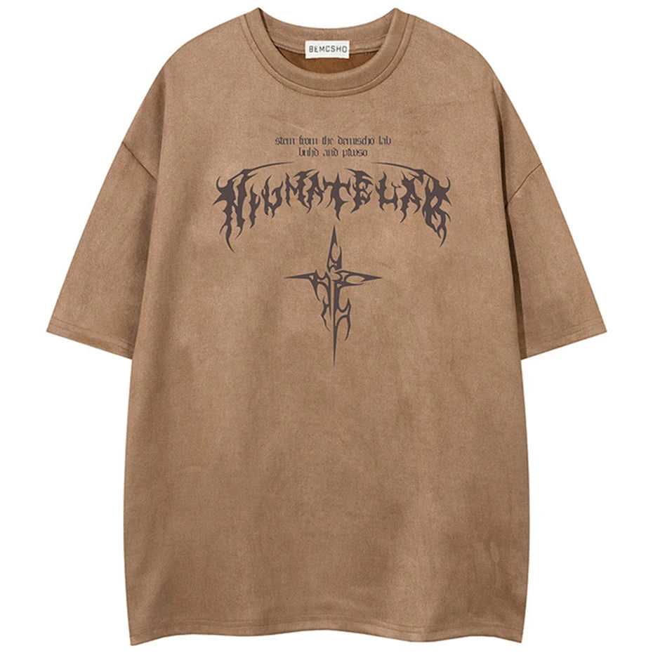 Summer Men Vintage Suede T Shirt Cross Graphic Gothic Punk Tee Tops Streetwear Harajuku Oversized Hip Hop T-shirt Male
