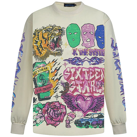 Men Vintage Oversized T Shirts Heart Flower Graphic T-shirts Streetwear Harajuku Hip Hop Tshirts Long Sleeve Tee Tops Tshirts