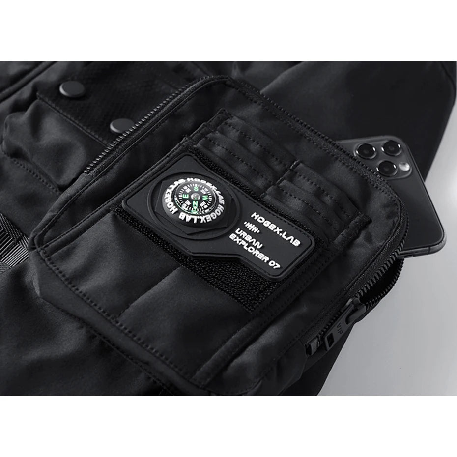 Punk Hip Hop Bomber Jacket Compass Sleeve Pockets Ammo Bags Button Ribbon MA1 Pilot Jackets Men Fashion Streetwear Harajuku Coat