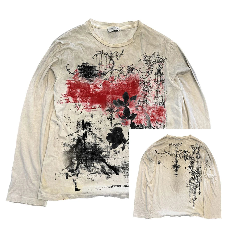 Vintage Oversized T-shirts Lightning Graphic Long Sleeve T Shirts Harajuku Loose Casual Tee Tops Unisex Retro Tshirts