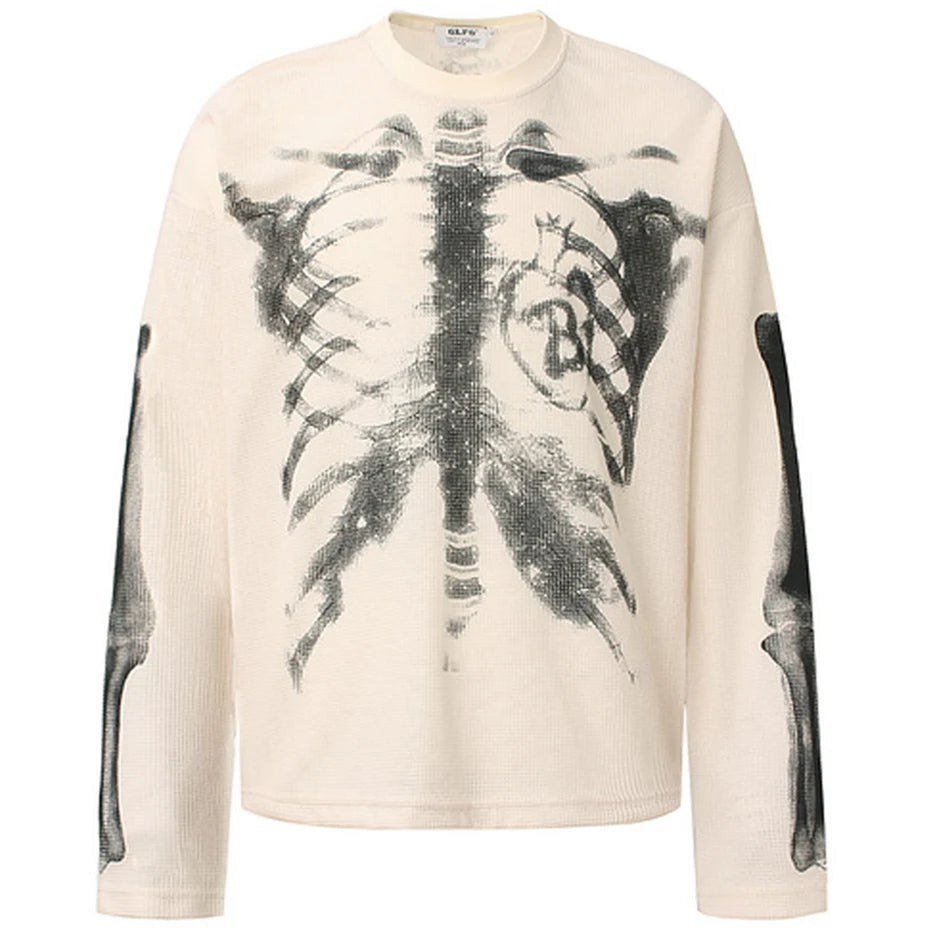 Skeleton Graphic T-shirts Men Streetwear Harajuku Hip Hop Oversized T Shirts Long Sleeve Tee Tops Black Beige