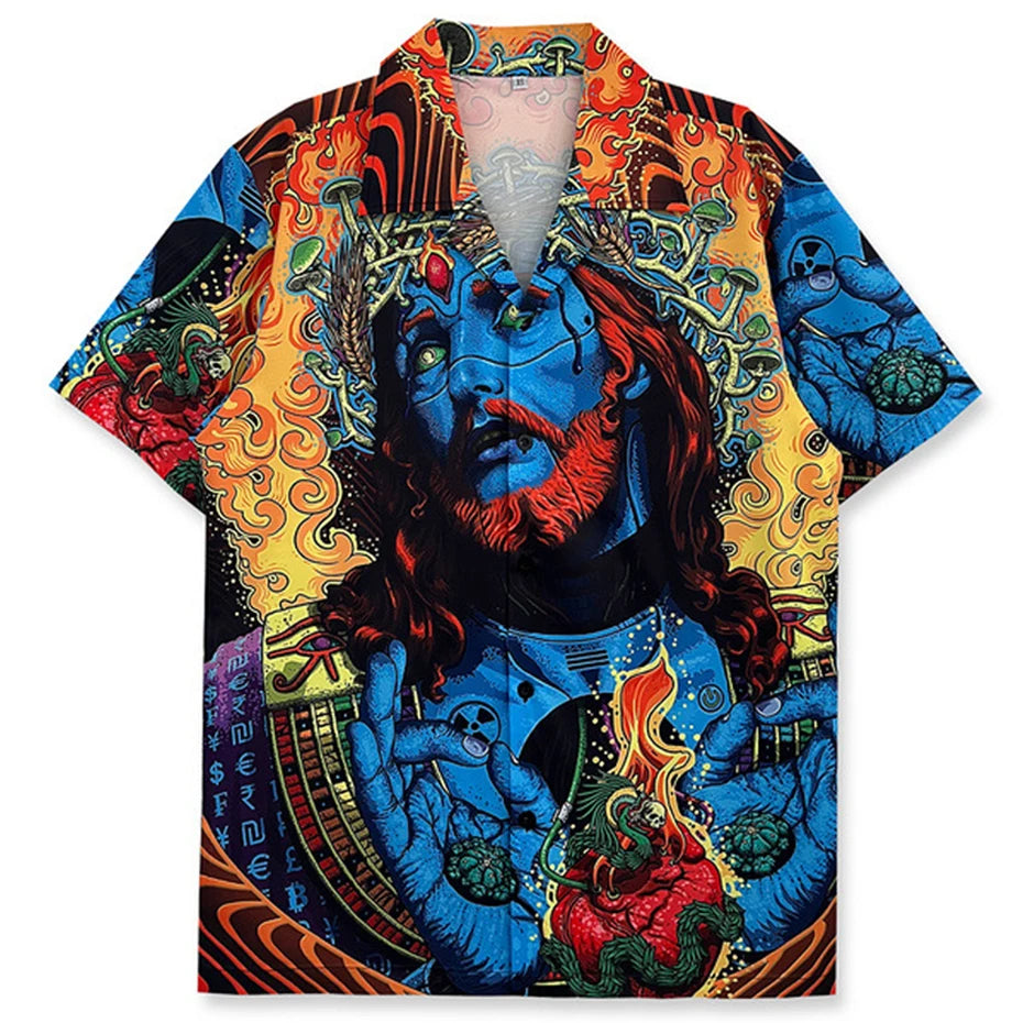 Oil Painting Maria Graphic Shirts Men Streetwear Harajuku Oversized Hip Hop Shirts Summer Loose Casual Shirts Button Up Blouse