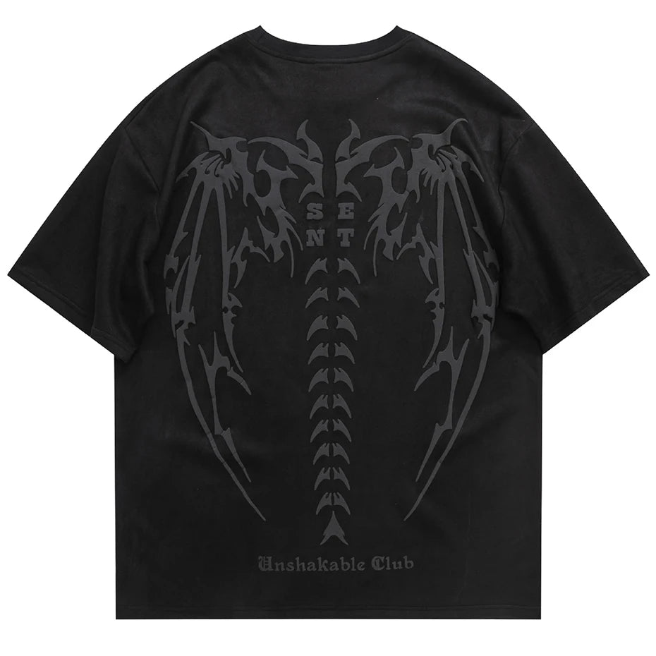 2026 Men Fashion Loose Suede T Shirts Skeleton Wings Graphic Harajuku Streetwear T-shirt Oversized Hip Hop Tshirt Unisex Tee Top
