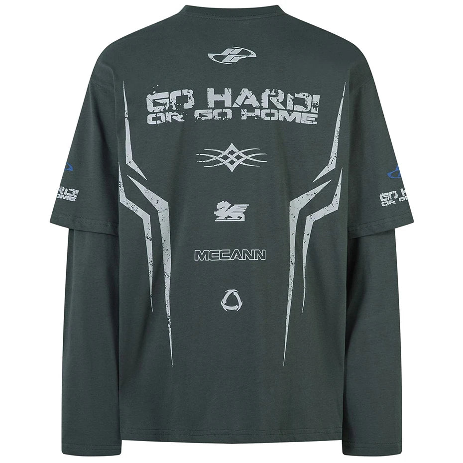 Harajuku Vintage Oversized T-shirts Streetwear Hip Hop Graphic Fake Two Piece T Shirts Men Loose Long Sleeve Tee Tops