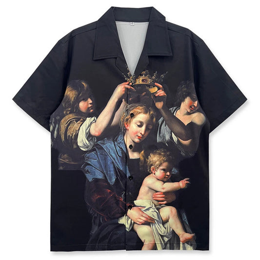 Oil Painting Maria Graphic Shirts Men Streetwear Harajuku Oversized Hip Hop Shirts Summer Loose Casual Shirts Button Up Blouse