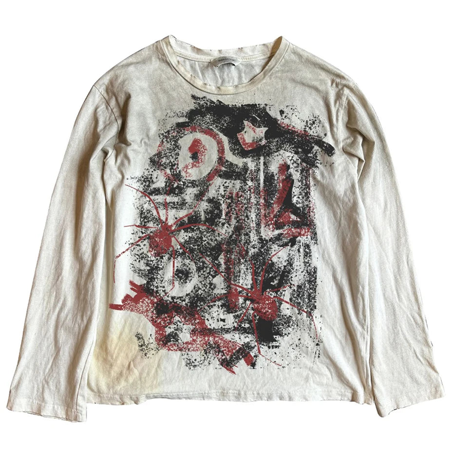 Vintage Oversized T-shirts Dark Gothic Loose Long Sleeve T Shirts Harajuku Streetwear Retro Tshirts Hip Hop Y2K Tee Tops