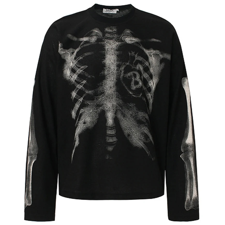 Skeleton Graphic T-shirts Men Streetwear Harajuku Hip Hop Oversized T Shirts Long Sleeve Tee Tops Black Beige