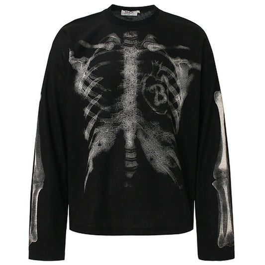 Skeleton Graphic T-shirts Men Streetwear Harajuku Hip Hop Oversized T Shirts Long Sleeve Tee Tops Black Beige