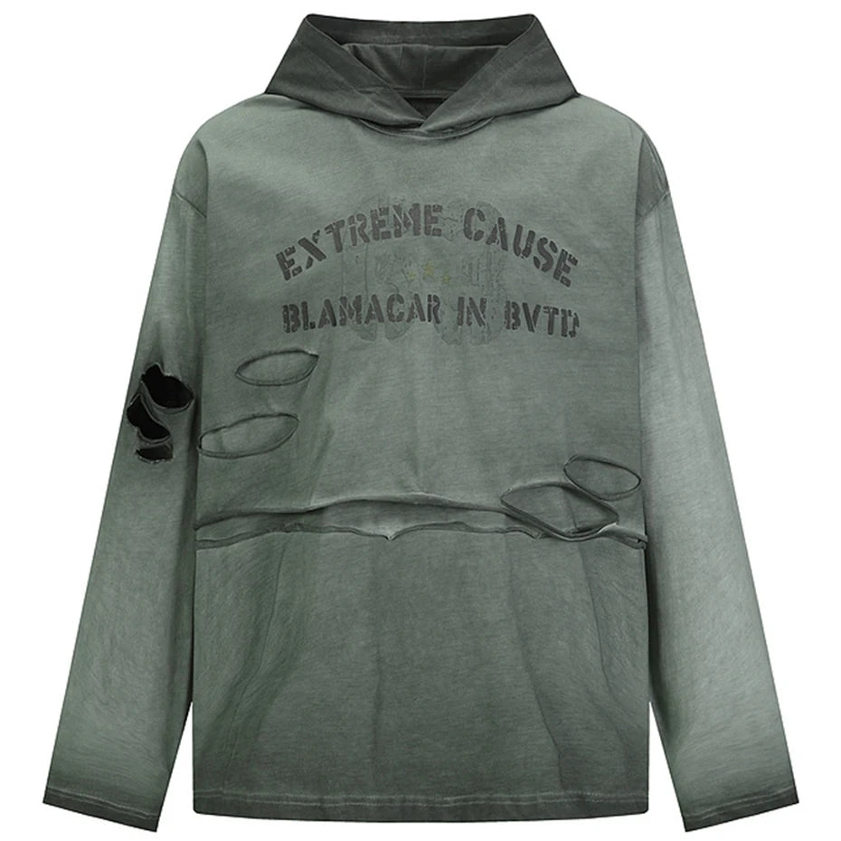 Vintage Ripped Oversized T Shirts Long Sleeve Hooded Tshirts Tee Tops Men Streetwear Harajuku Hip Hop T-shirts