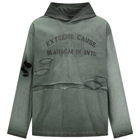 Vintage Ripped Oversized T Shirts Long Sleeve Hooded Tshirts Tee Tops Men Streetwear Harajuku Hip Hop T-shirts