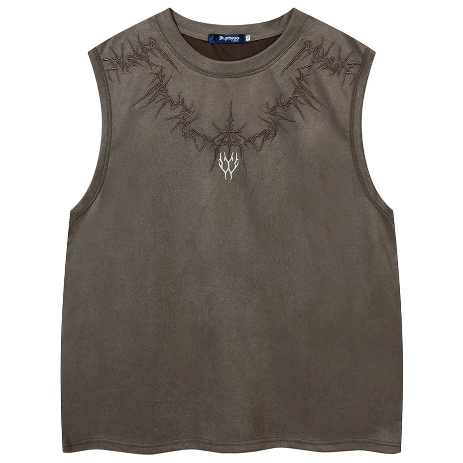 Vintage Suede Tank Top Y2K Embroidery Sleeveless Vest T-Shirt Streetwear 2026 Men Harajuku Hip Hop Loose Punk Gothic Tops Shirts