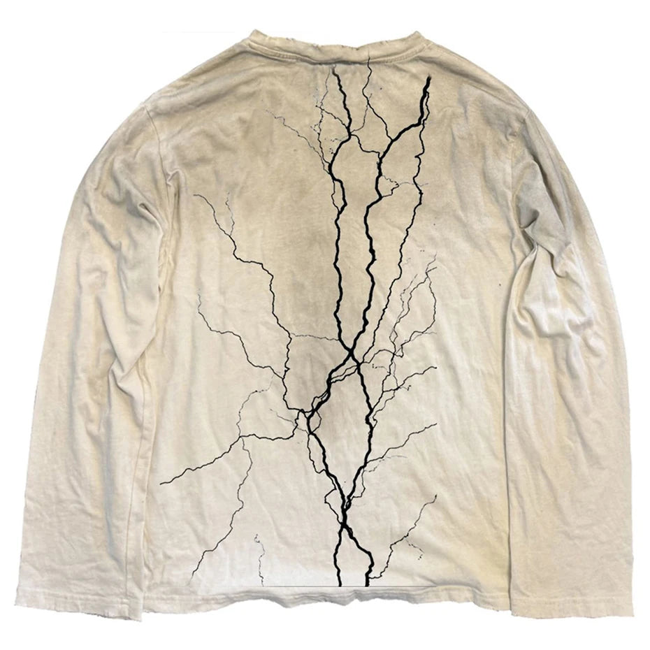 Vintage Oversized T-shirts Lightning Graphic Long Sleeve T Shirts Harajuku Loose Casual Tee Tops Unisex Retro Tshirts