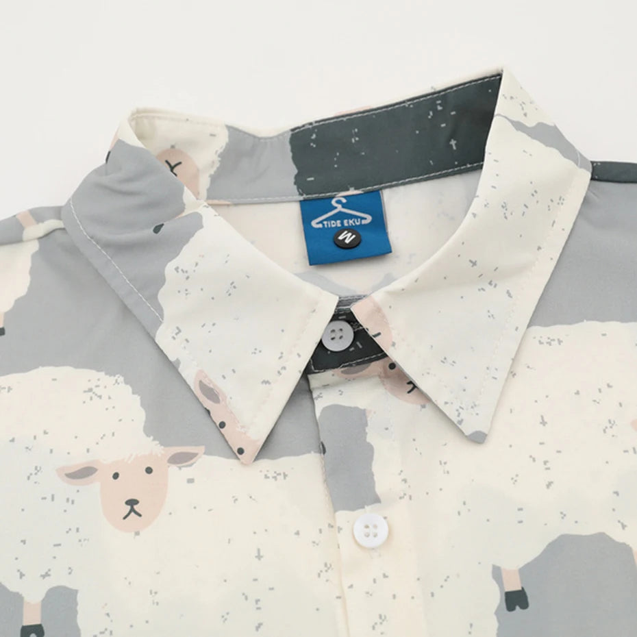 Sheep Printed Shirts Men's Summer Casual Loose Hawaii Shirts Loose Casual Short Sleeve Button Up Blouse Harajuku Shirts