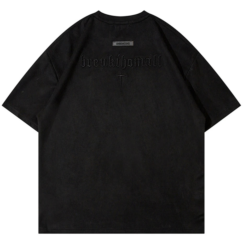 Hip Hop Suede T Shirts Letter Embroidery Oversized Harajuku Streetwear Tshirts 2023 Men Summer Loose Casual Tee Shirt Tops