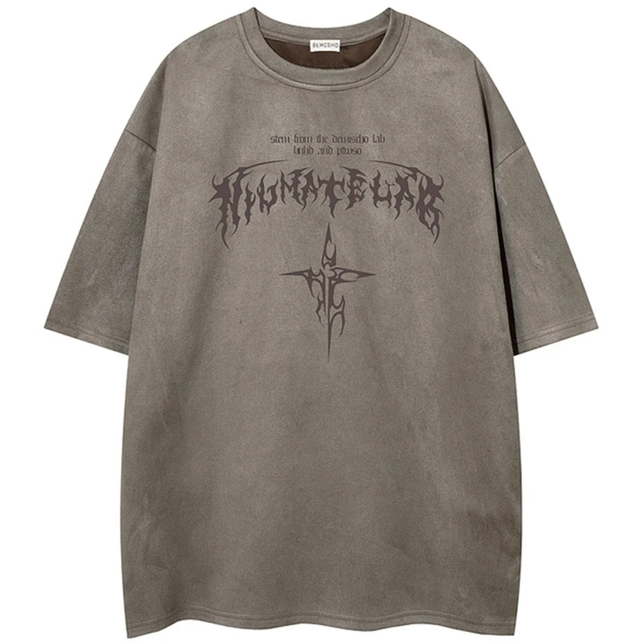 Summer Men Vintage Suede T Shirt Cross Graphic Gothic Punk Tee Tops Streetwear Harajuku Oversized Hip Hop T-shirt Male