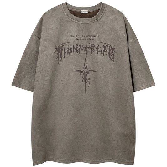 Summer Men Vintage Suede T Shirt Cross Graphic Gothic Punk Tee Tops Streetwear Harajuku Oversized Hip Hop T-shirt Male