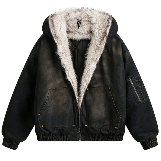 Vintage Denim Parkas Fur Warm Padded Jackets Men Streetwear Harajuku Oversized Bubble Coat Outwear