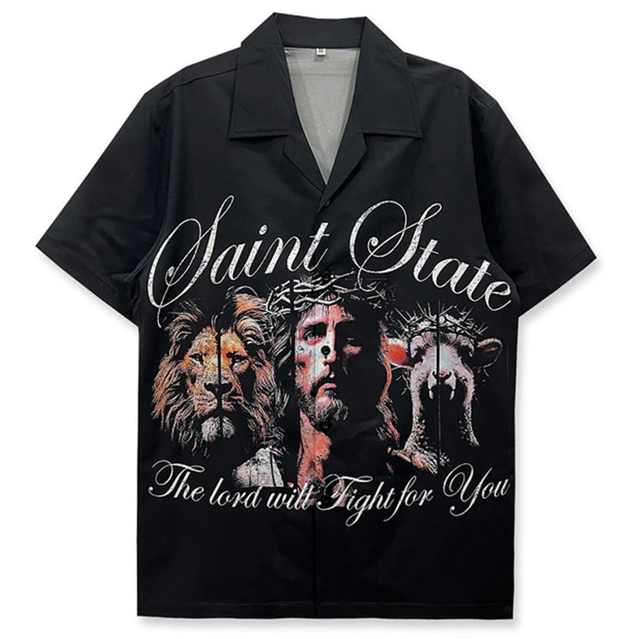 Oil Painting Maria Graphic Shirts Men Streetwear Harajuku Oversized Hip Hop Shirts Summer Loose Casual Shirts Button Up Blouse