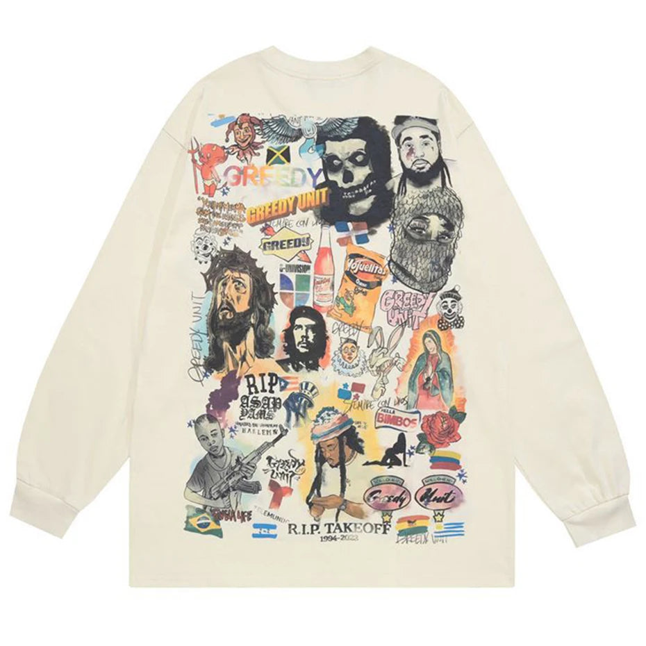 Men Retro Streetwear T Shirt Gods Graphic Hip Hop T-Shirt Cross Casual Tshirt Long Sleeve Cotton Tops Tees Unisex Hipster Beige