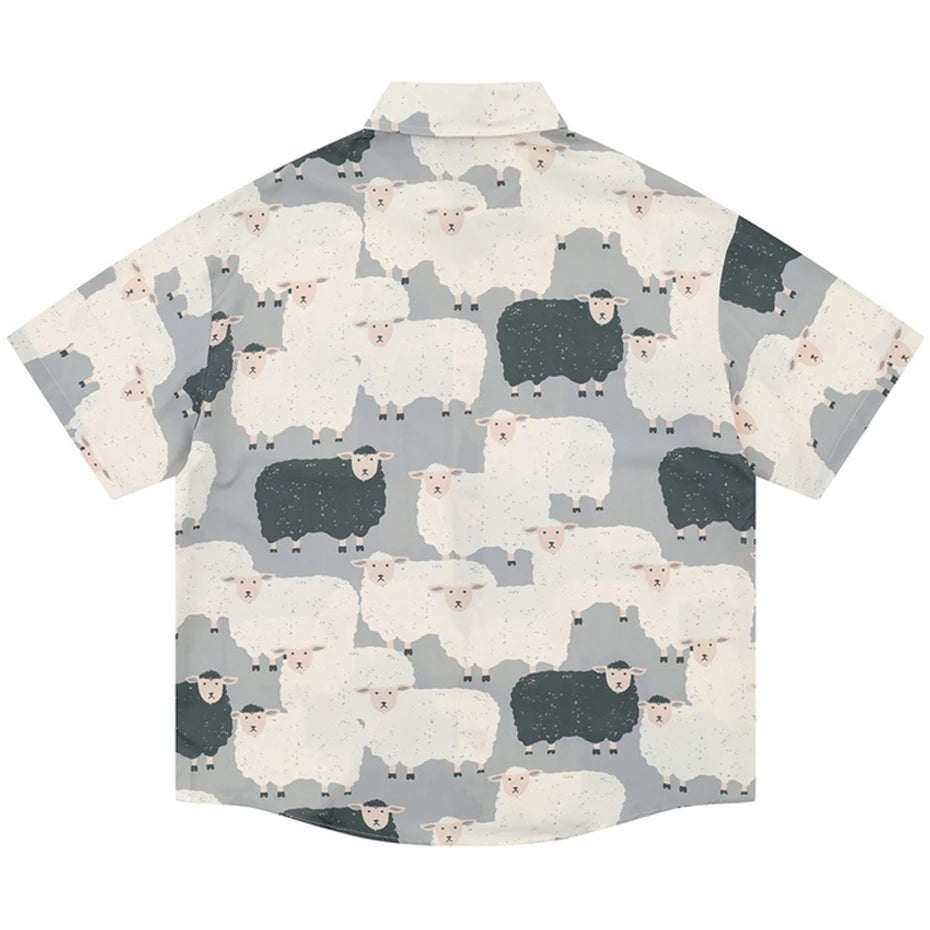 Sheep Printed Shirts Men's Summer Casual Loose Hawaii Shirts Loose Casual Short Sleeve Button Up Blouse Harajuku Shirts