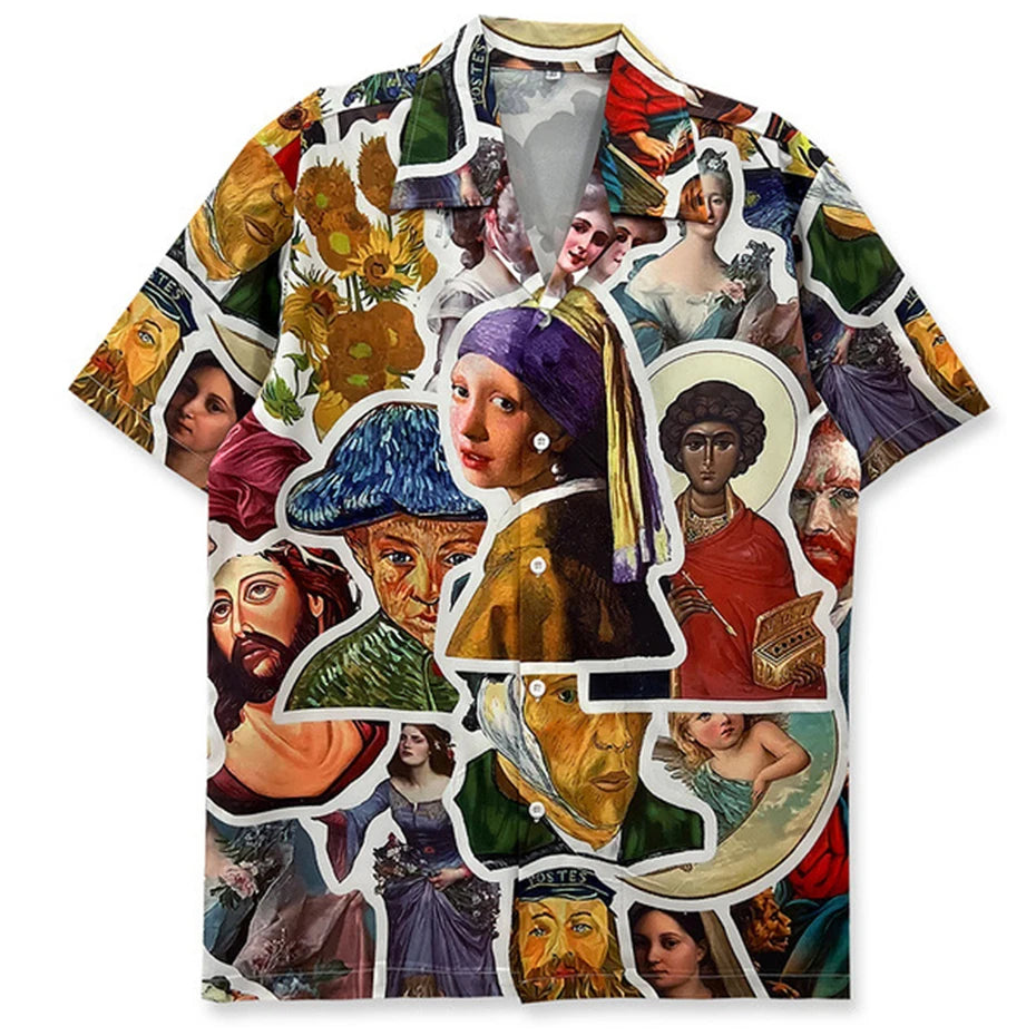 Oil Painting Maria Graphic Shirts Men Streetwear Harajuku Oversized Hip Hop Shirts Summer Loose Casual Shirts Button Up Blouse