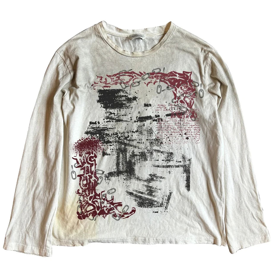 Vintage Oversized T-shirts Dark Gothic Loose Long Sleeve T Shirts Harajuku Streetwear Retro Tshirts Hip Hop Y2K Tee Tops