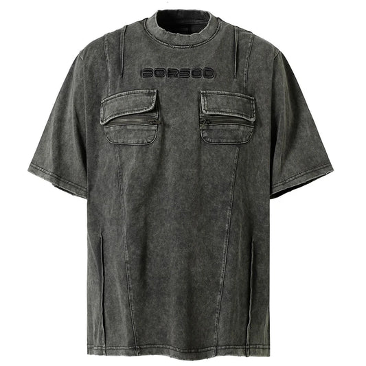 Pockets Patchwork T Shirts Vintage Harajuku Oversized Men Tee Tops Streetwear Hip Hop Cargo T-shirt 2025 New