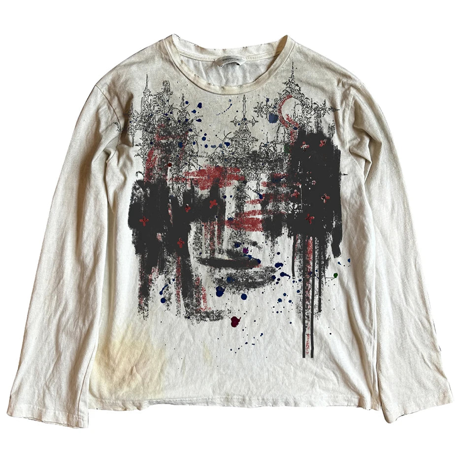 Vintage Oversized T-shirts Dark Gothic Loose Long Sleeve T Shirts Harajuku Streetwear Retro Tshirts Hip Hop Y2K Tee Tops