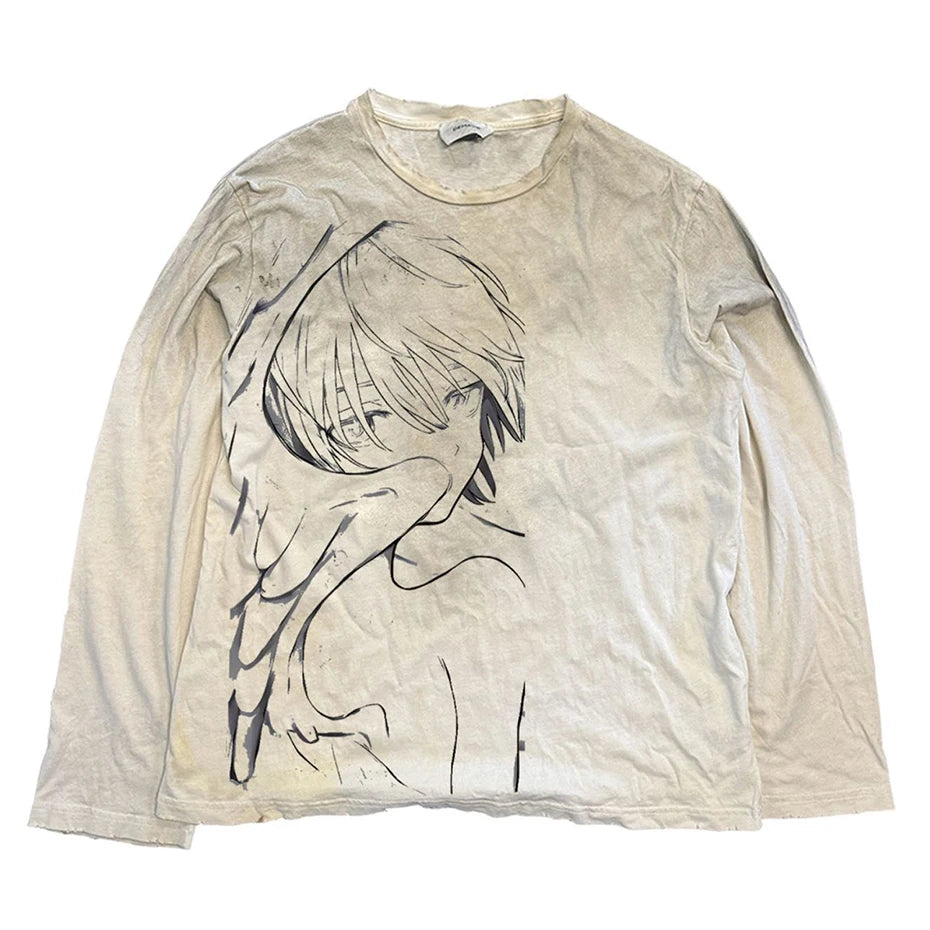 Eyes Graphic Men Hip Hop T-shirts Vintage Harajuku Oversized Long Sleeve Tee Tops Streetwear Tshirt