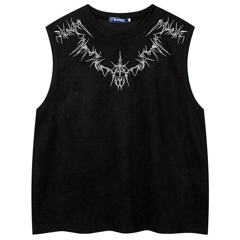 Vintage Suede Tank Top Y2K Embroidery Sleeveless Vest T-Shirt Streetwear 2026 Men Harajuku Hip Hop Loose Punk Gothic Tops Shirts