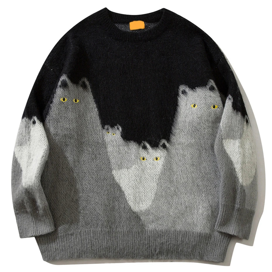 Cat Graphic Knitted Sweater Men Oversized Hip Hop Streetwear Pullover Sweaters Black Loose Casual Sweaters Jumper