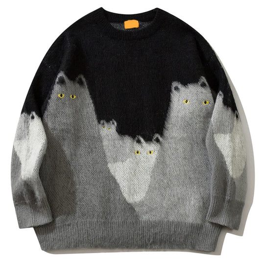 Cat Graphic Knitted Sweater Men Oversized Hip Hop Streetwear Pullover Sweaters Black Loose Casual Sweaters Jumper