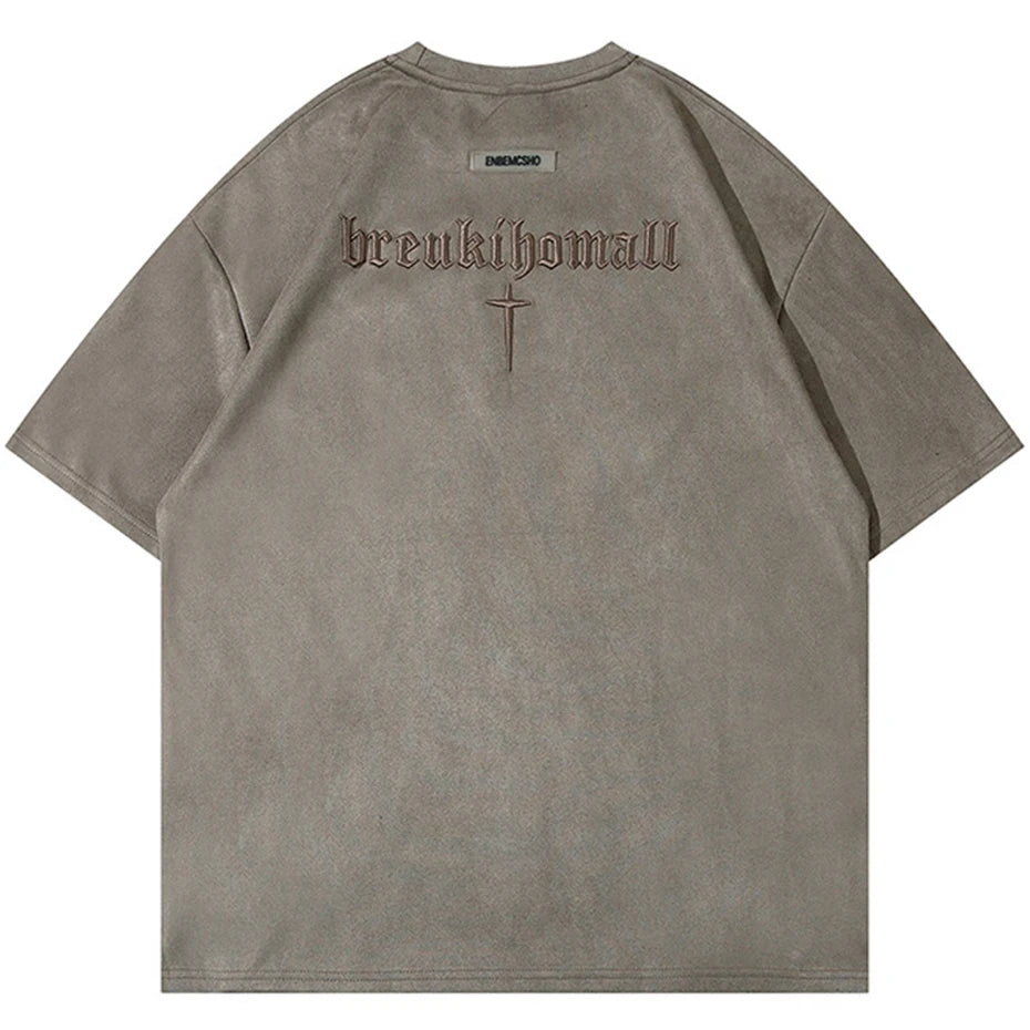 Hip Hop Suede T Shirts Letter Embroidery Oversized Harajuku Streetwear Tshirts 2023 Men Summer Loose Casual Tee Shirt Tops