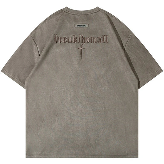 Hip Hop Suede T Shirts Letter Embroidery Oversized Harajuku Streetwear Tshirts 2023 Men Summer Loose Casual Tee Shirt Tops