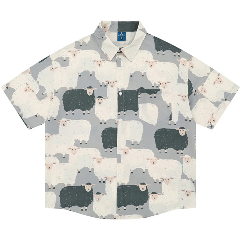 Sheep Printed Shirts Men's Summer Casual Loose Hawaii Shirts Loose Casual Short Sleeve Button Up Blouse Harajuku Shirts