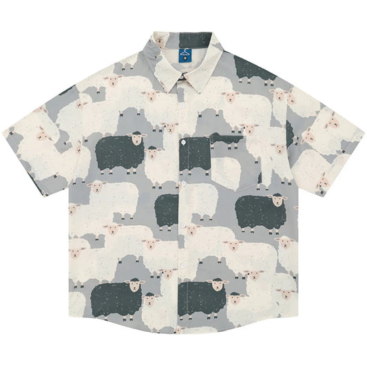 Sheep Printed Shirts Men's Summer Casual Loose Hawaii Shirts Loose Casual Short Sleeve Button Up Blouse Harajuku Shirts