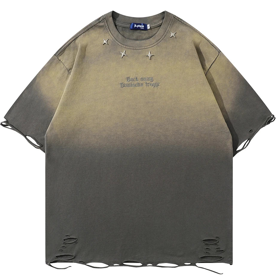 Distressed Ripped T Shirts Metal Star Tee Emrboidery Vintage Loose Tshirt 2025 Men Harajuku Streetwear Oversized Hip Hop T-shirt