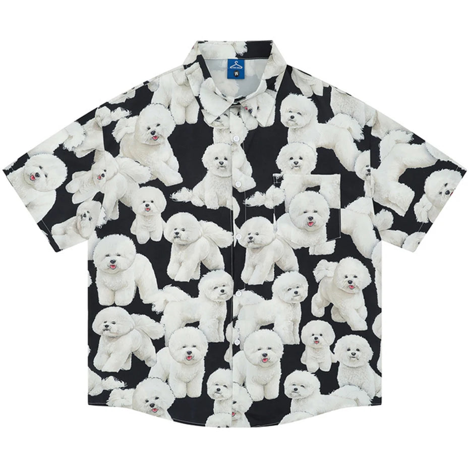 Dogs Graphic Shirts Mens Summer Casual Shirts Loose Short Sleeve Button Up Blouse Streetwear Harajuku Hip Hop Shirts for Male