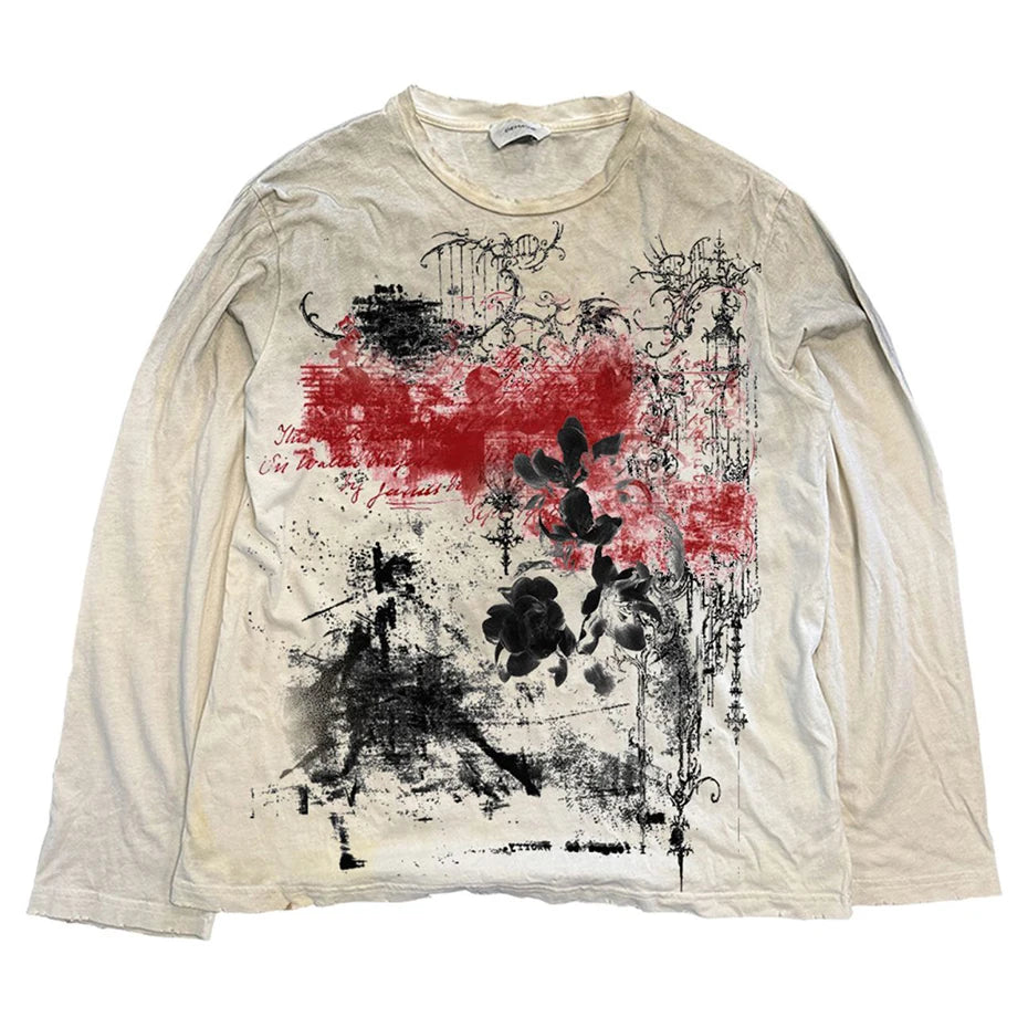 Hip Hop Men T-shirt Flower Graphic Vintage Long Sleeve Tshirts Gothic Punk Oversized Harajuku T Shirts Tee Tops