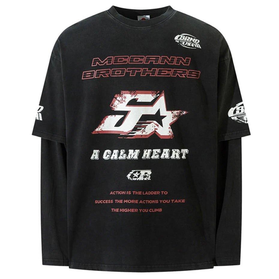 Harajuku Vintage Oversized T-shirts Men Streetwear Hip Hop Long Sleeve T Shirts Washed Retro Loose Tee Tops