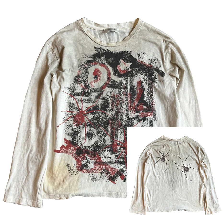 Vintage Oversized T-shirts Dark Gothic Loose Long Sleeve T Shirts Harajuku Streetwear Retro Tshirts Hip Hop Y2K Tee Tops