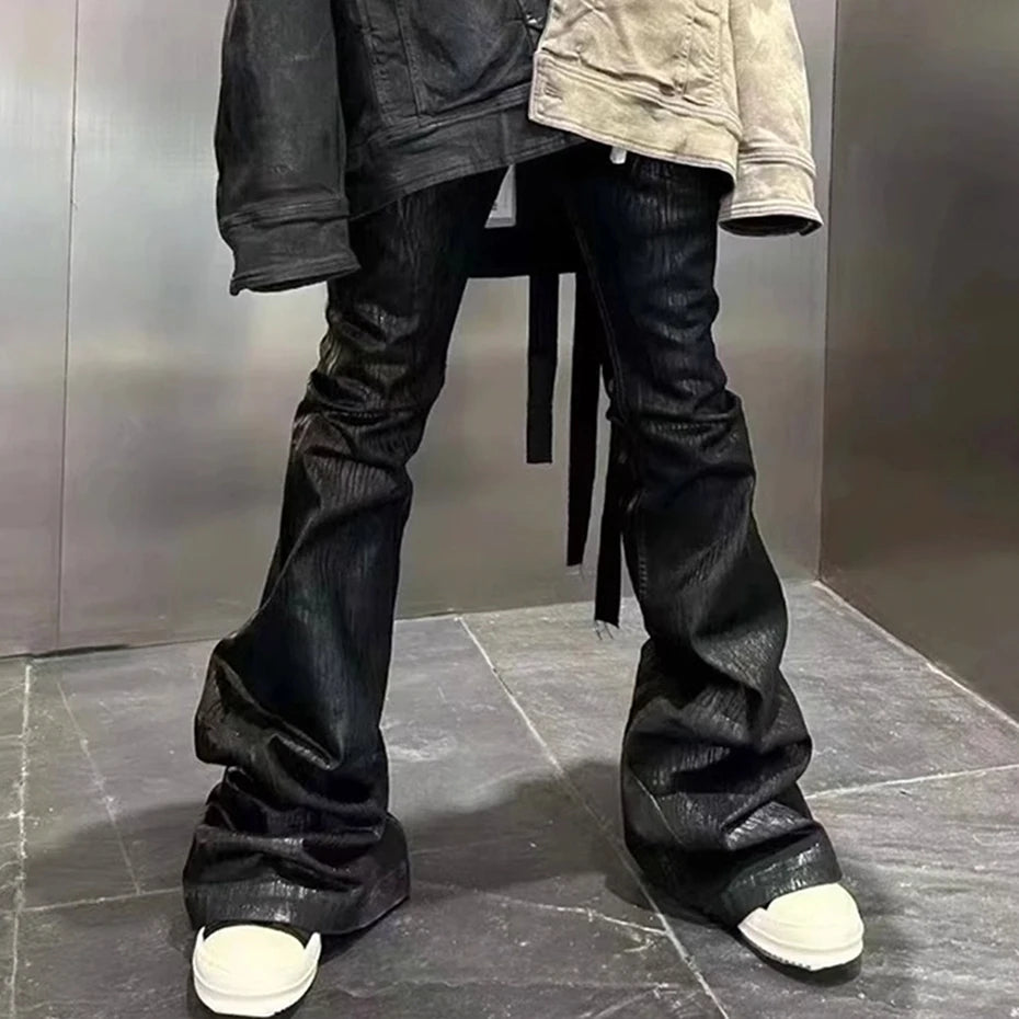 Wax Printed Flared Jeans Men Black Baggy Jeans Black Loose Flared Denim Pants RO Style Harajuku Hip Hop Jeans