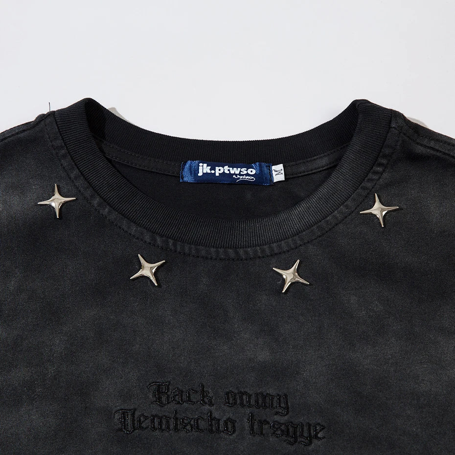 Distressed Ripped T Shirts Metal Star Tee Emrboidery Vintage Loose Tshirt 2025 Men Harajuku Streetwear Oversized Hip Hop T-shirt