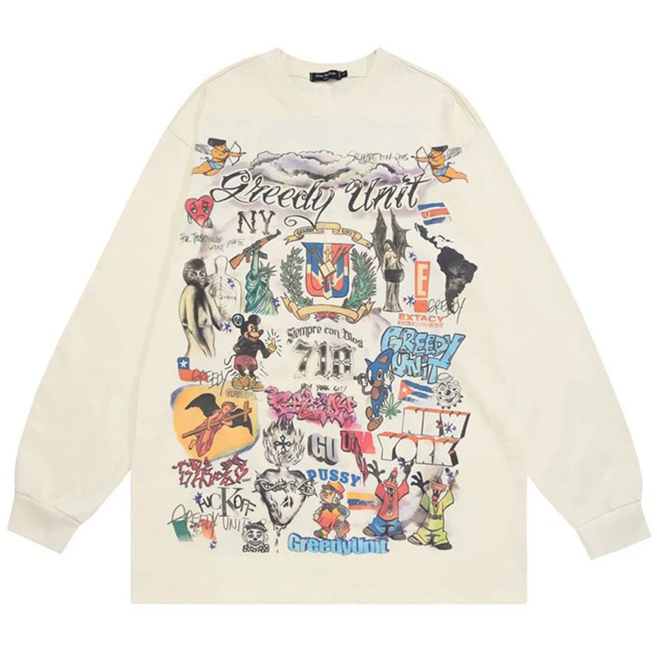 Men Retro Streetwear T Shirt Gods Graphic Hip Hop T-Shirt Cross Casual Tshirt Long Sleeve Cotton Tops Tees Unisex Hipster Beige