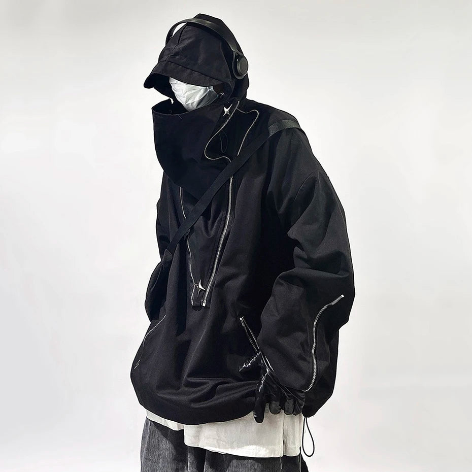 Fashion Techwear Jackets Hooded Cargo Coat Zipper Pockets Pullover Men's Jacket Hip Hop Harajuku Streetwear Oversized Man Jacket