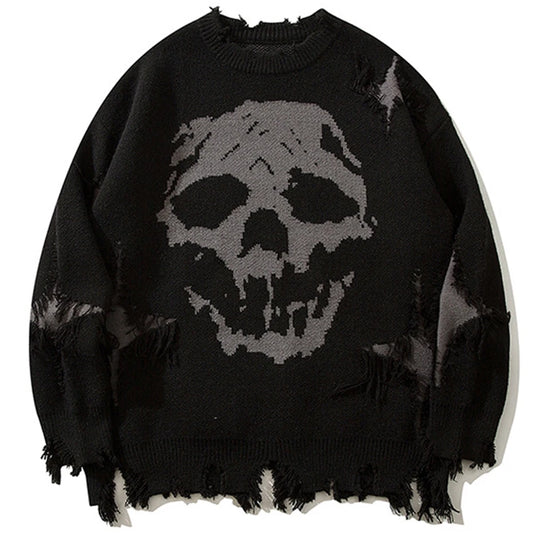 Skulls Sweaters Gothic Punk Black Ripped Sweater Knitted Pullover Jumper Harajuku Oversized Y2K Streetwear Sweater Unisex
