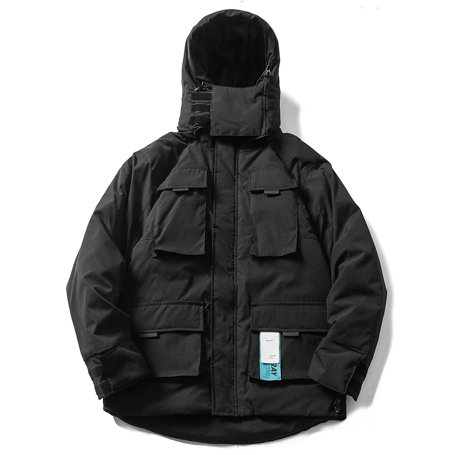 Men Winter Parkas Thick Hooded Jacket Multi Pockets Mask Caps Windbreaker Coat Streetwear Zipper Puffer Jackets Down Coat